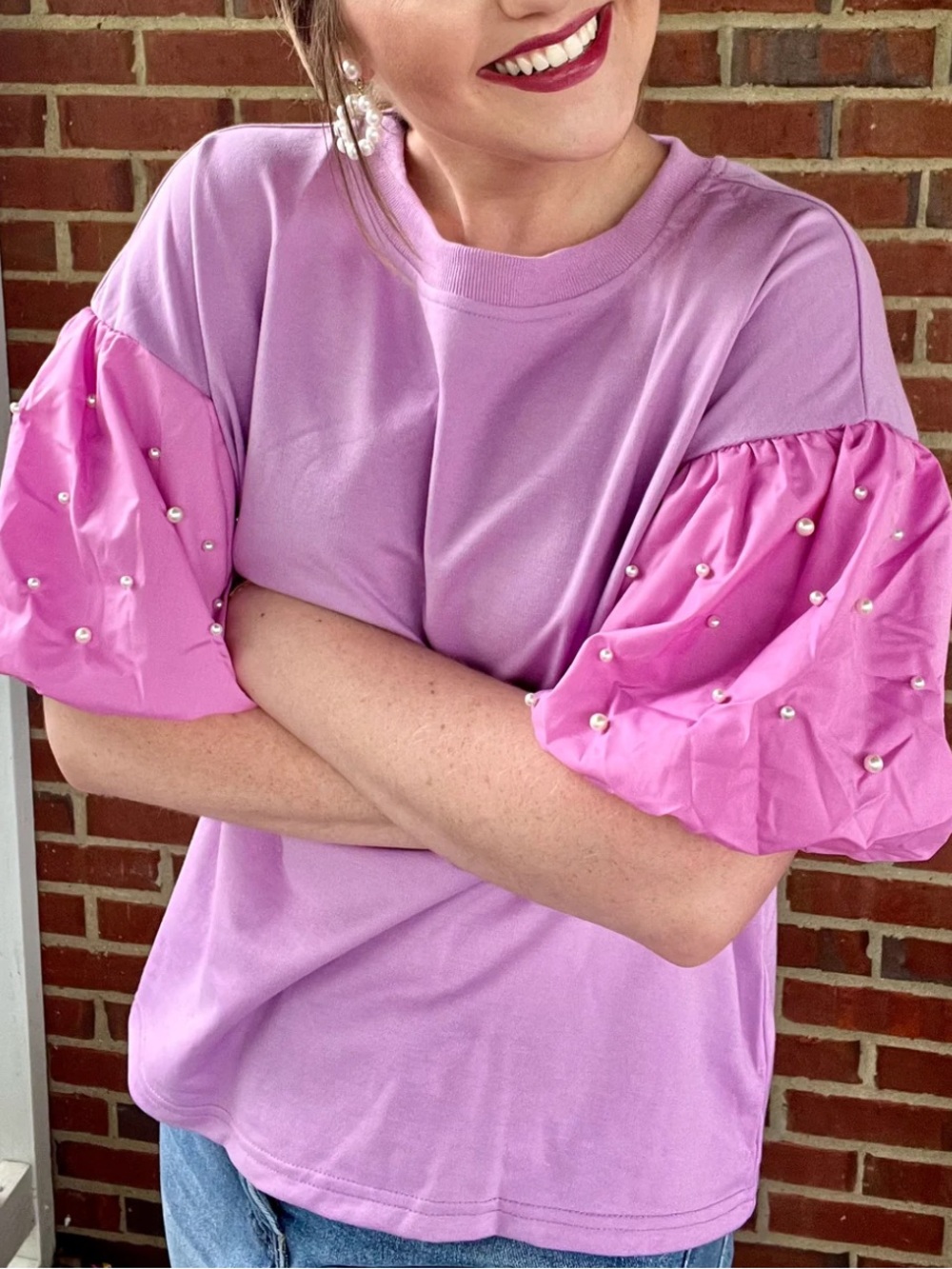 NWT BiBi boutique puff sleeve pearl embellished top